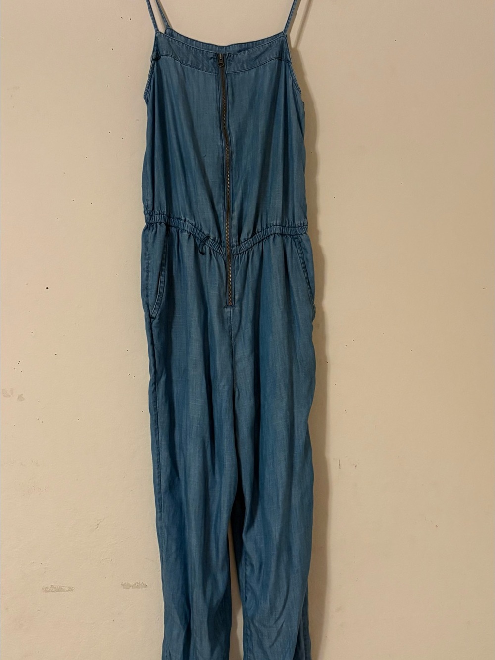 GAP Light Blue Chambray Spaghetti-Strap Jumpsuit with Front Zip